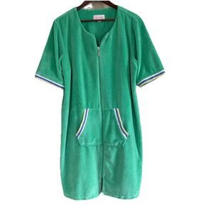 Stan Herman Chenille Terry Cloth Robe Green Knee Length Zip Up House Coat PXL